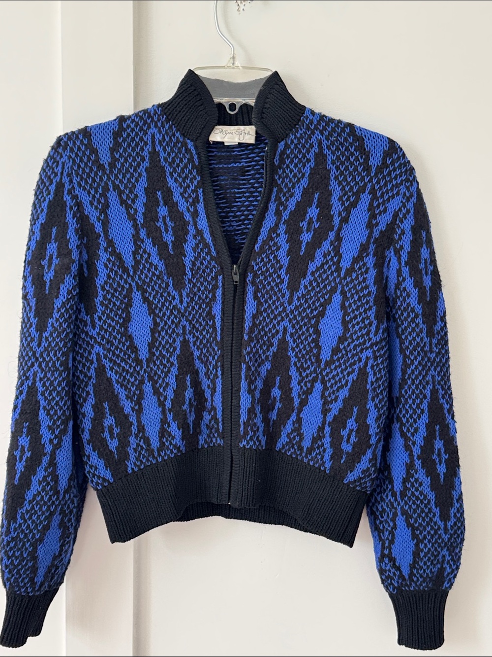 Vintage St John Blue & Black Patterned Zip-Front Sweater Jacket Vintage Style S